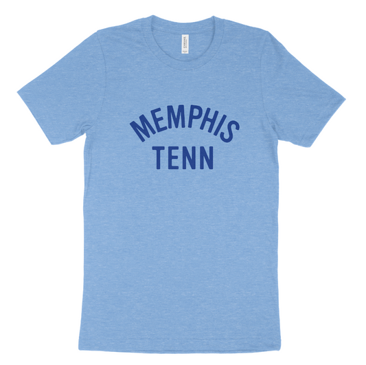 A light blue t-shirt with "Memphis Tenn" text printed on the front from the Choose901 Merch Shop.