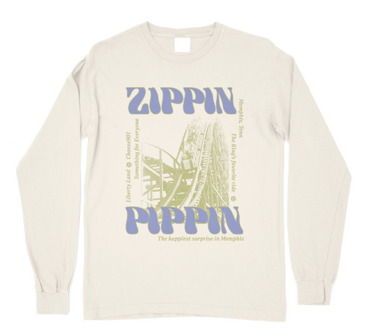 Long-sleeve t-shirt with graphic print featuring rollercoaster design and the text "Zippin Pippin on Ivory Long Sleeve - the happiest surprise in Memphis, Choose901 Merch Shop.
