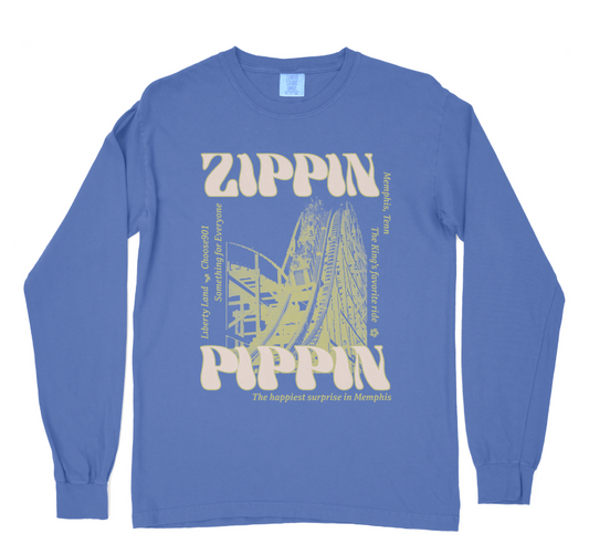 Zippin Pippin on Flo Blue Long Sleeve t-shirt featuring a graphic of a ferris wheel and text "Choose901 - the happiest surprise in Memphis" from Choose901 Merch Shop.