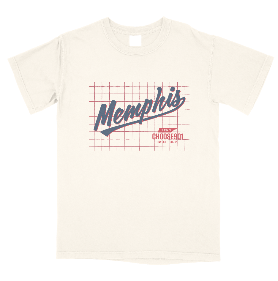 Enjoy nostalgia with the Choose901 Baseball Grid Short Sleeve Tee from Choose901 Merch Shop. This Comfort Colors white T-shirt features "Memphis" in bold blue script on a retro red grid, with "TENN" and "CHOOSE901 WHIT-NAPT.