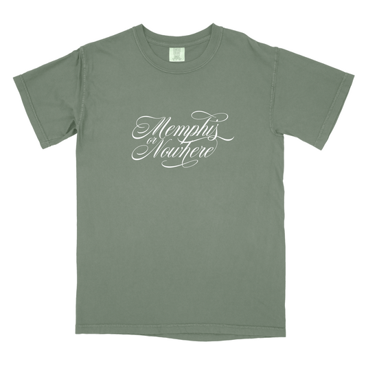 Olive green t-shirt with "Memphis or Nowhere on Moss" written in cursive white font from the Choose901 Merch Shop.