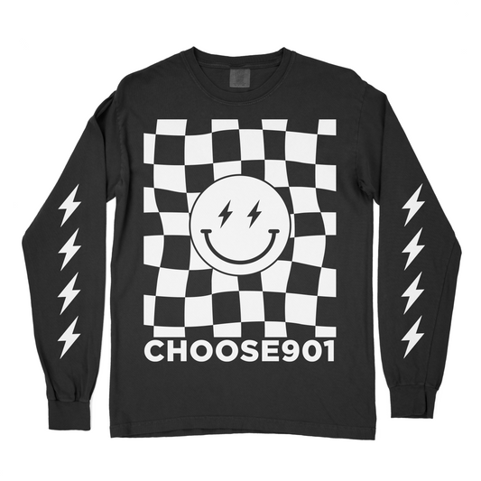 Choose901 Merch Shop's Black Choose901 Lightning Smiley Long Sleeve on Black, crafted from Comfort Colors fabric for added comfort