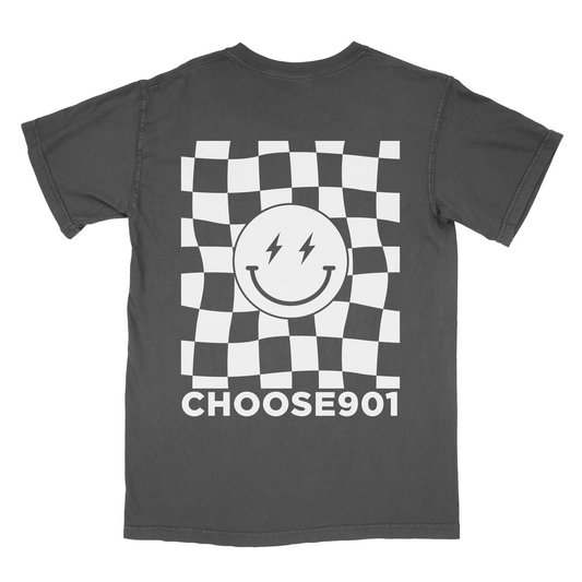 Gray Choose901 Merch Shop t-shirt with a black and white checkered design around the Choose901 Lightning Smiley icon and a lightning bolt, featuring the text "choose901" below.
