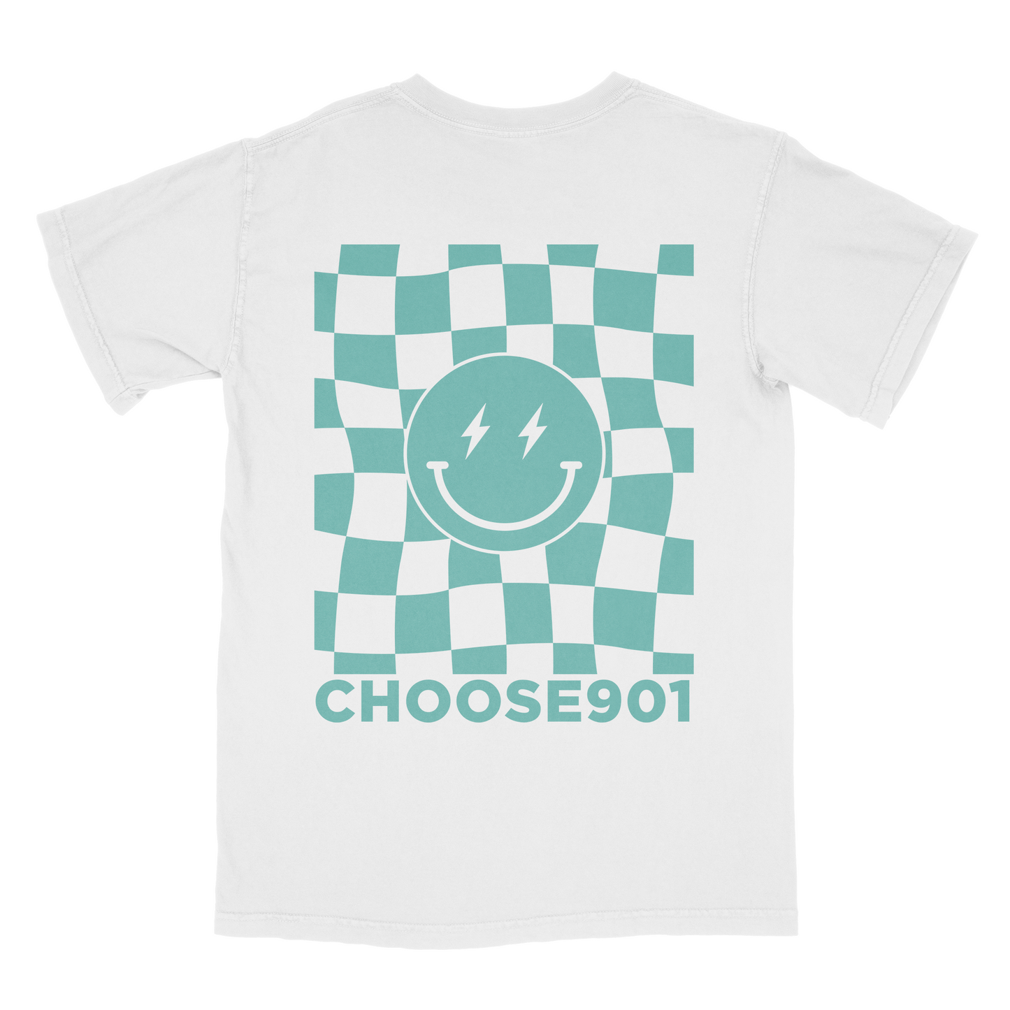 The Choose901 Lightning Smiley Short Sleeve Tee from Choose901 Merch Shop is a white ring-spun cotton T-shirt featuring a teal checkered pattern and a smiley face with lightning eyes above the words "CHOOSE901.