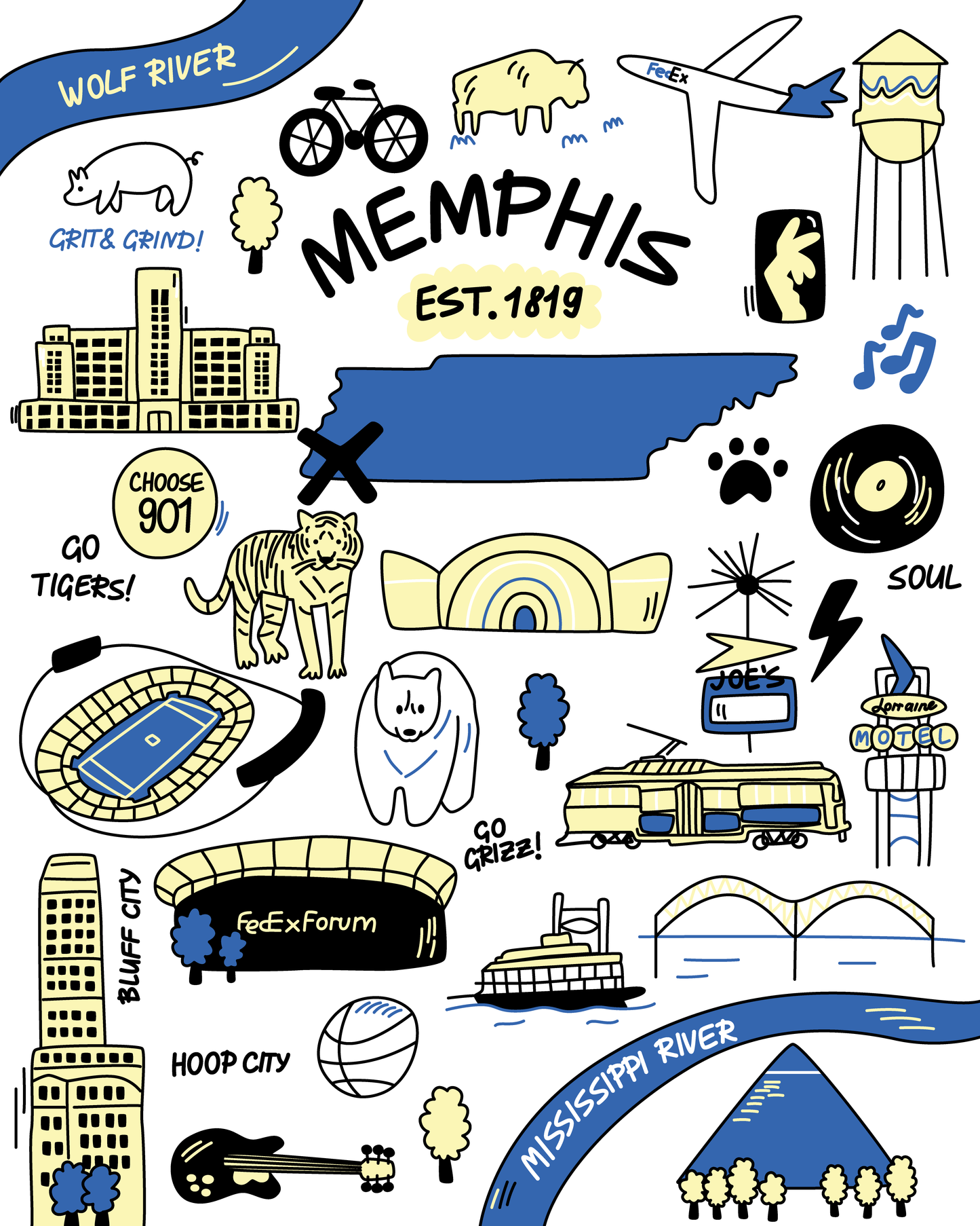 A collage featuring iconic Memphis symbols: a bike, airplane, water tower, University of Memphis, tiger, rainbow, stadium, FedExForum, trolley, Mississippi River, guitar, pyramid and city icons. This artwork embodies the essence of The 901 Blanket from Choose901 Merch Shop.