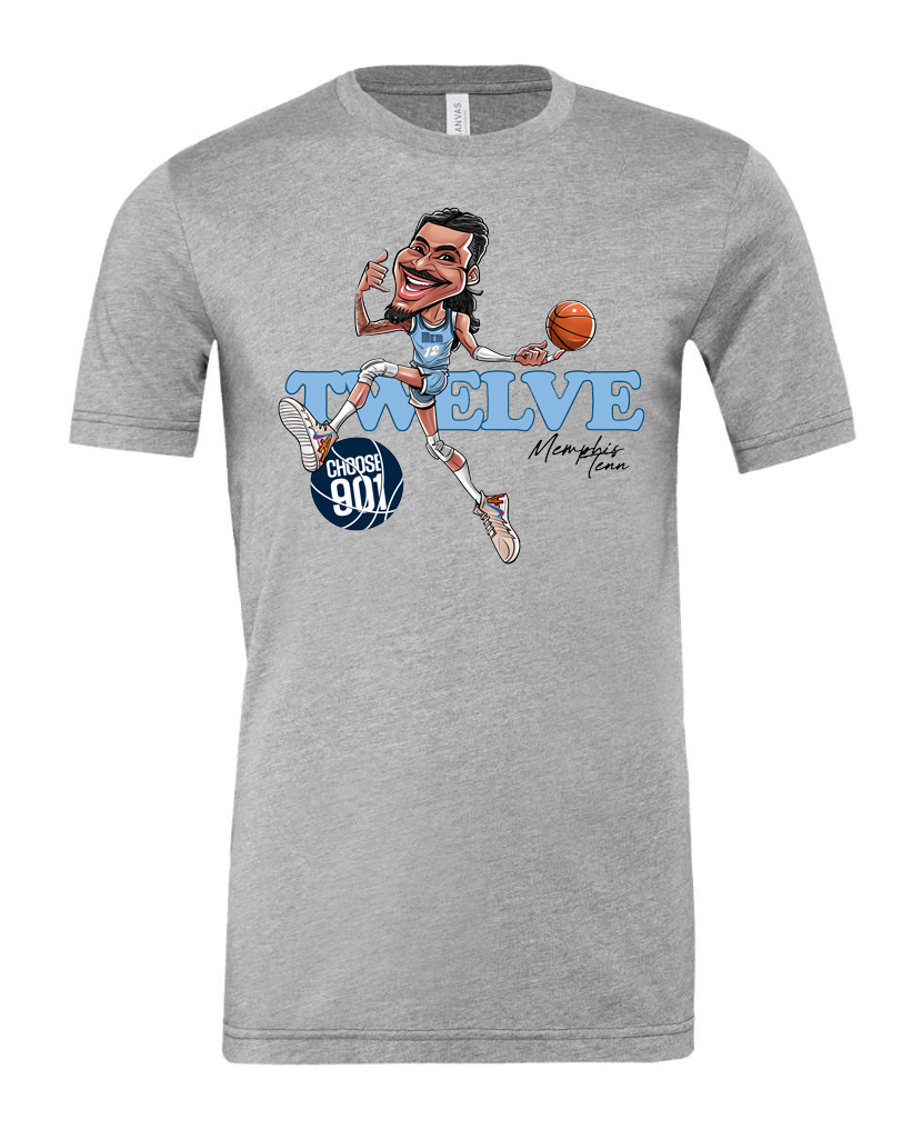 The Twelve Short Sleeve Tee from Choose901 Merch Shop features a cartoon basketball player, "TWELVE," the "Choose 901" logo, and "Memphis Icon" text—this unisex relaxed fit MVP shirt is perfect for star player fans.