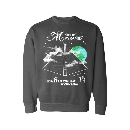 Gray sweatshirt with a Memphis Pyramid graphic design labeled "the 8th world wonder" - Choose901 Merch Shop.