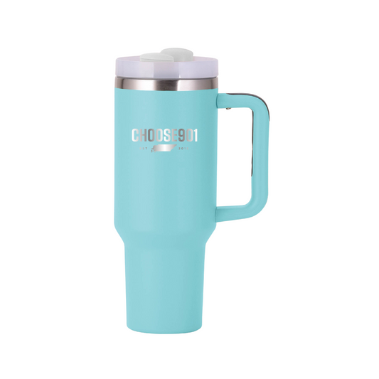 Choose901 30oz Tumbler in Aqua from Choose901 Merch Shop with Memphis design and lid on white background.