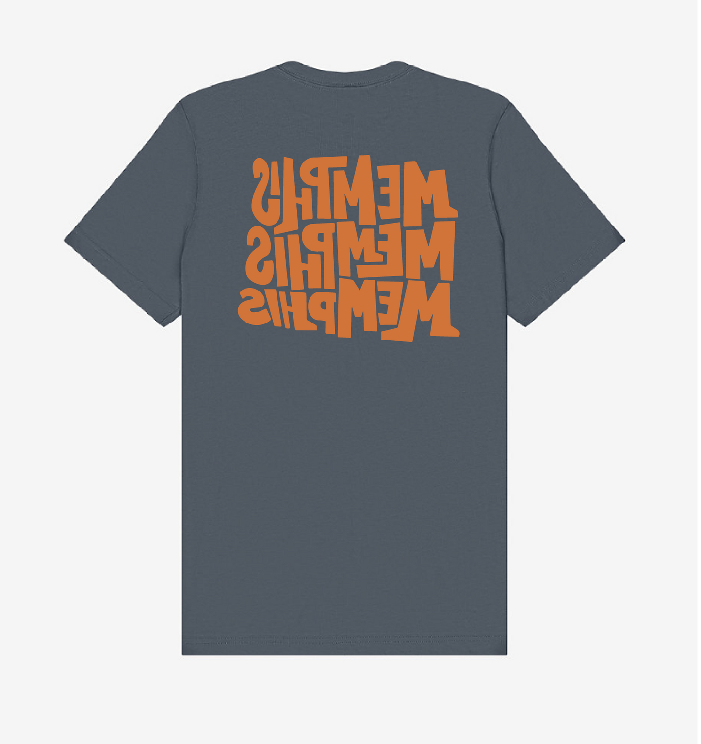 Show your Choose901 style with the "Memphis, Memphis, Memphis by Eso Tolson" gray t-shirt from Choose901 Merch Shop, featuring triple-orange mirrored "MEMPHIS" prints bold on the back.