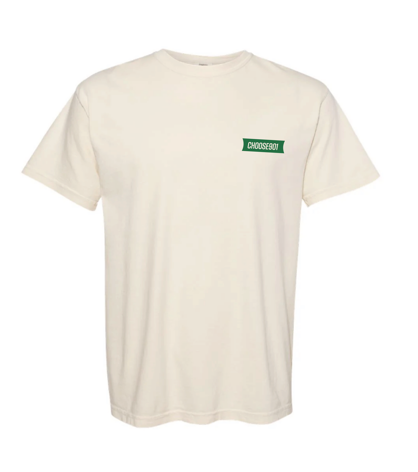 The Waddle With Us Short Sleeve by Choose901 Merch Shop is a unisex off-white cotton tee, Comfort Colors style, featuring a small green rectangle on the left chest with “CHOOSEBOT” in bold white letters.