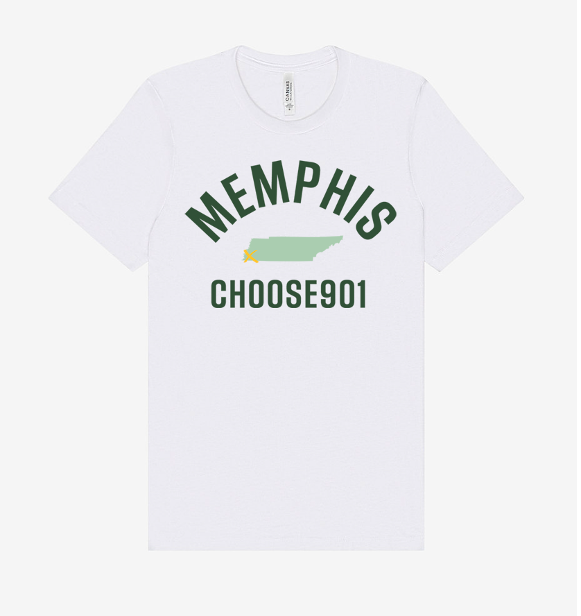 The Choose901 x Memphis Short Sleeve Tee from the Choose901 Merch Shop is a unisex white T-shirt with "MEMPHIS" above a green Tennessee outline and "CHOOSE901" below, crafted on premium Bella Canvas fabric.