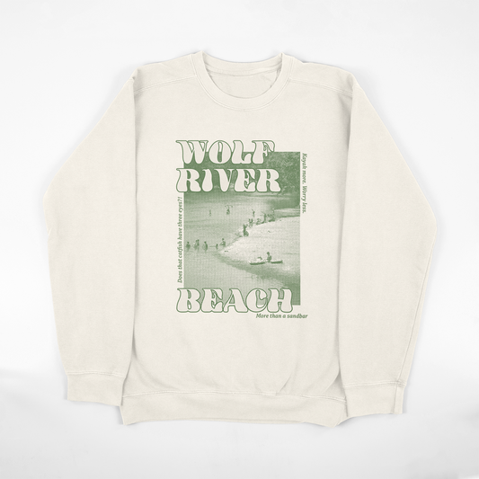 Ivory Wolf River Beach sweatshirt with "Memphis wolf river beach" graphic print on the front by Choose901.