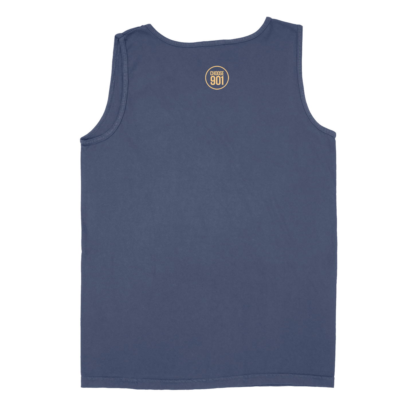 Navy blue Wolf River Beach Tank Top from Choose901 Merch Shop, featuring a circular "901" logo near the upper back and crafted by Comfort Colors for optimal comfort.