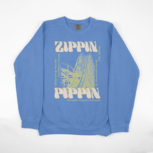 Zippin' Pippin' sweatshirt with yellow "Pippin" musical graphic print featuring "Memphis" detail from Choose901 Merch Shop.