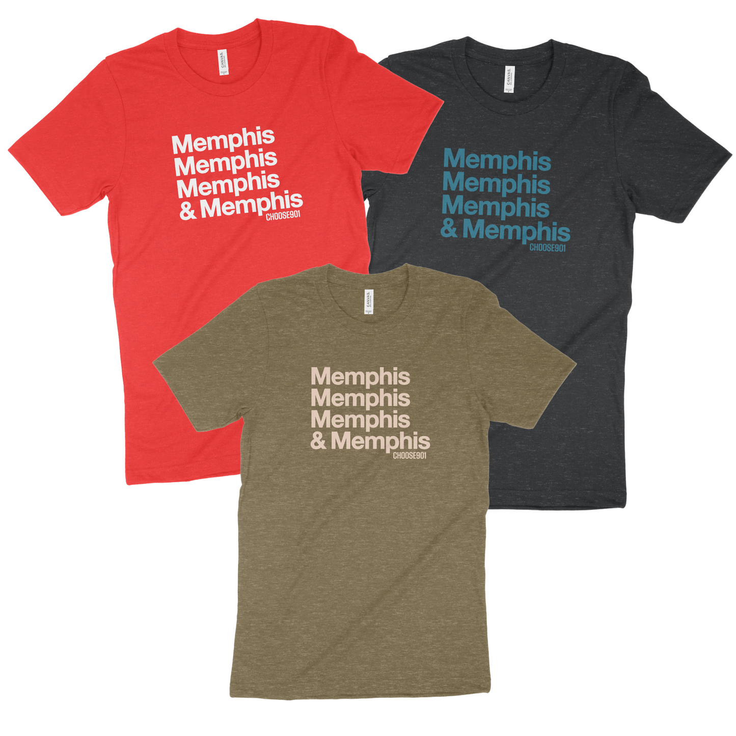 Three & Memphis Short Sleeve Tees from Choose901 Merch Shop with "Memphis Memphis Memphis & Memphis" in white are available in bold red, dark gray, and olive green.