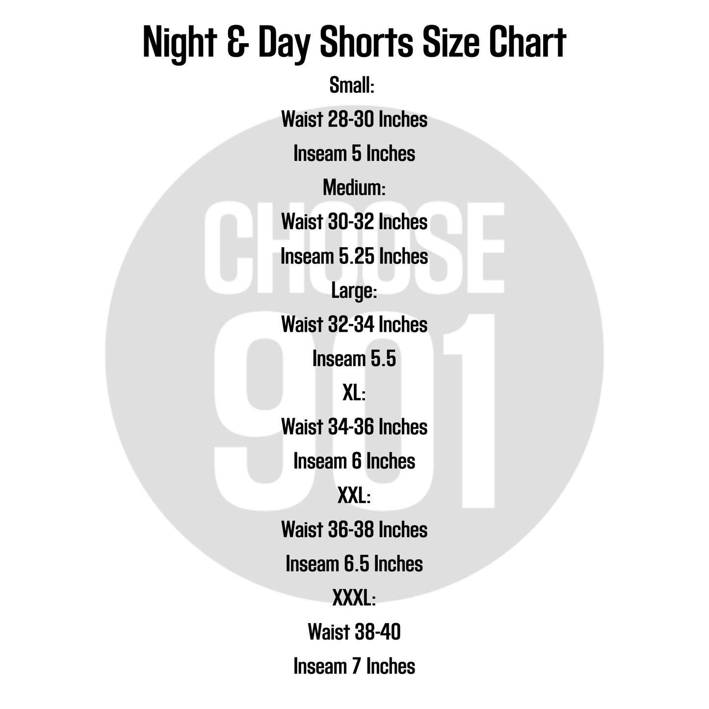 Size chart for Memphis Day Shorts from Choose901 Merch Shop detailing sizes from Small to XXXL with corresponding waist measurements and inseam lengths. Discover breathable and stylish options tailored to fit perfectly.