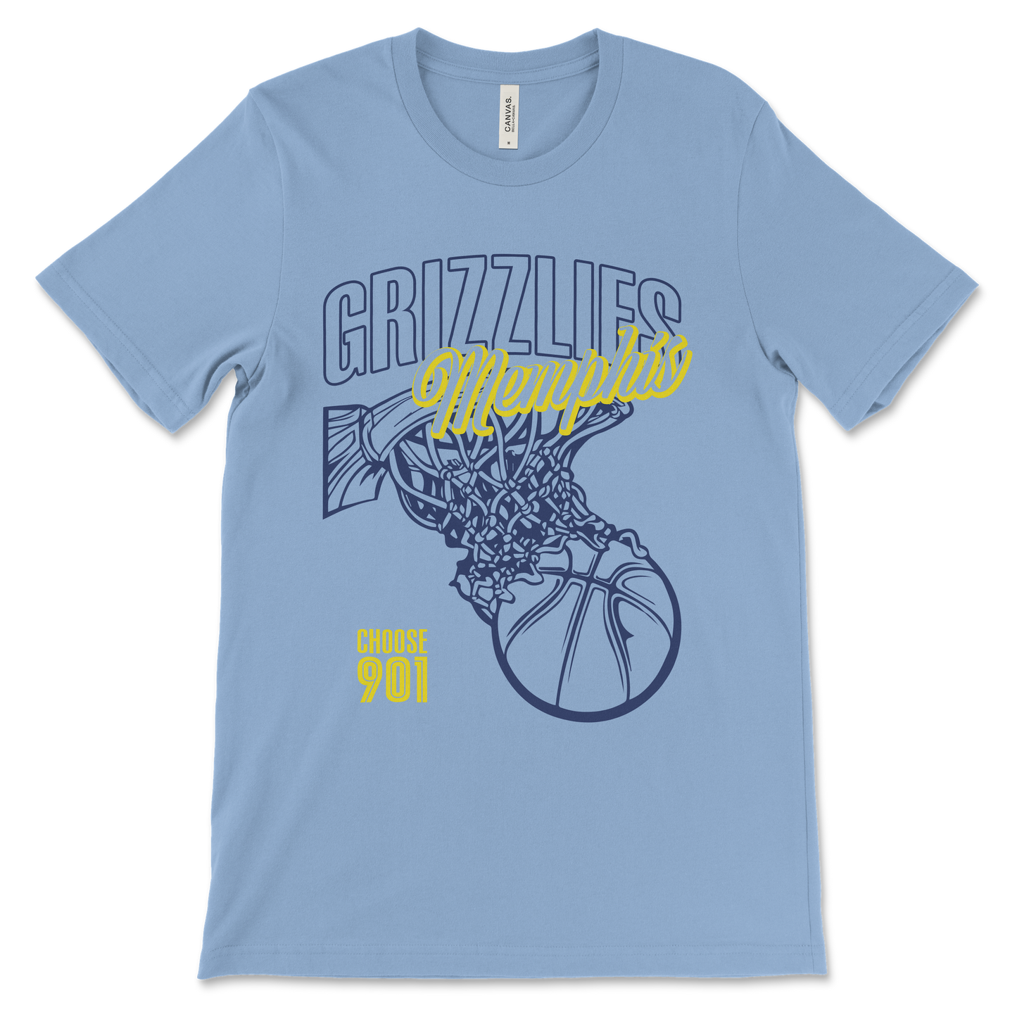 The Choose901 x Grizz Short Sleeve Tee from the Choose901 Merch Shop features "Grizzlies Memphis" text, a basketball net graphic with a ball, and "Choose 901" in yellow on baby blue. Its unisex fit is ideal for any fan of the design.
