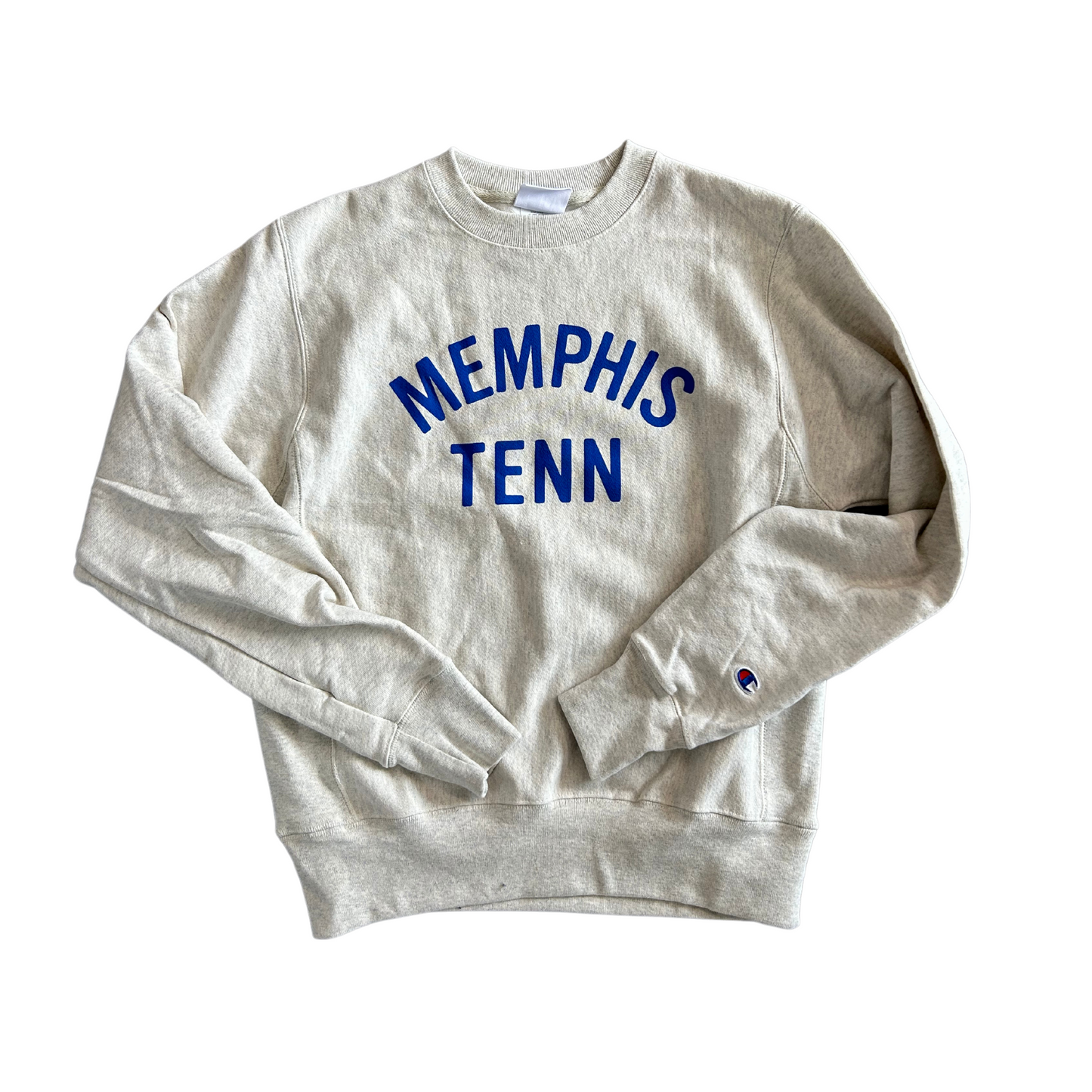 Gray Memphis Tenn Champion sweatshirt with "Choose901 Memphis" text on the front, isolated on a white background from Choose901 Merch Shop.
