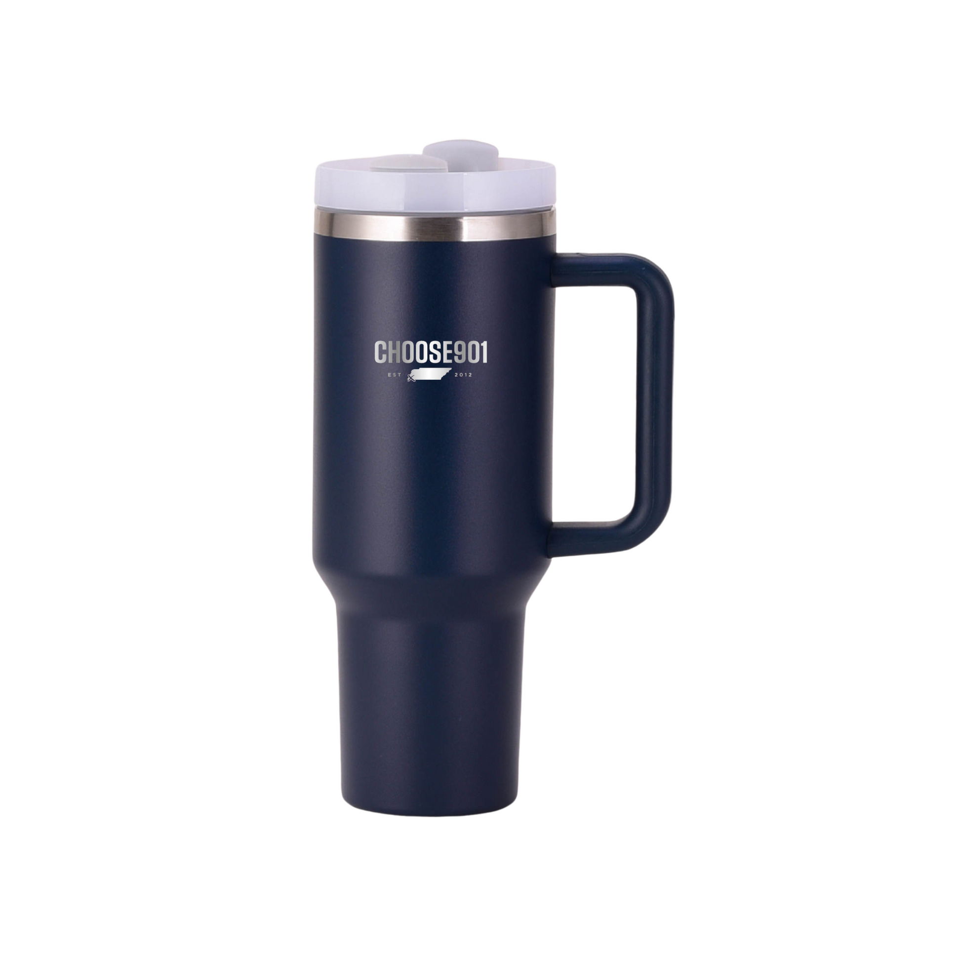 Navy blue Choose901 30oz Tumbler with a handle, perfect for Memphis enthusiasts, available at Choose901 Merch Shop.