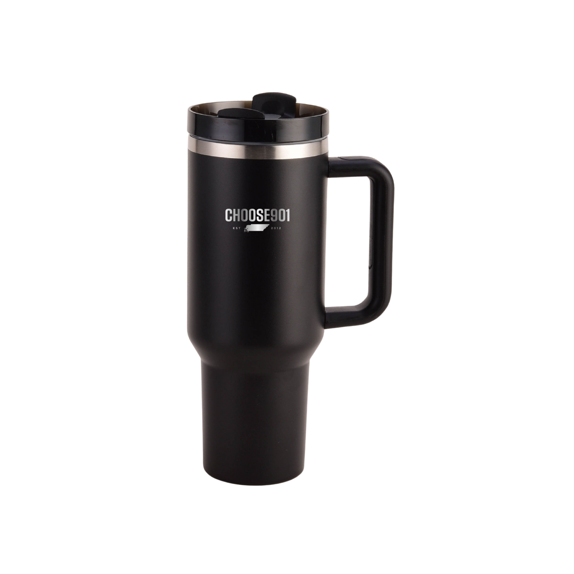 Black insulated travel mug with handle and lid featuring a Choose901 30oz Tumbler in Black logo on a white background from the Choose901 Merch Shop.