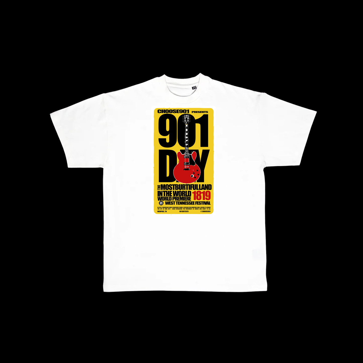 Show your Memphis pride with The 901 Day Tee from Choose901 Merch Shop—a white ComfortWash by Hanes shirt featuring a yellow and black graphic, red electric guitar, bold “901 DAY” text, and event details below.