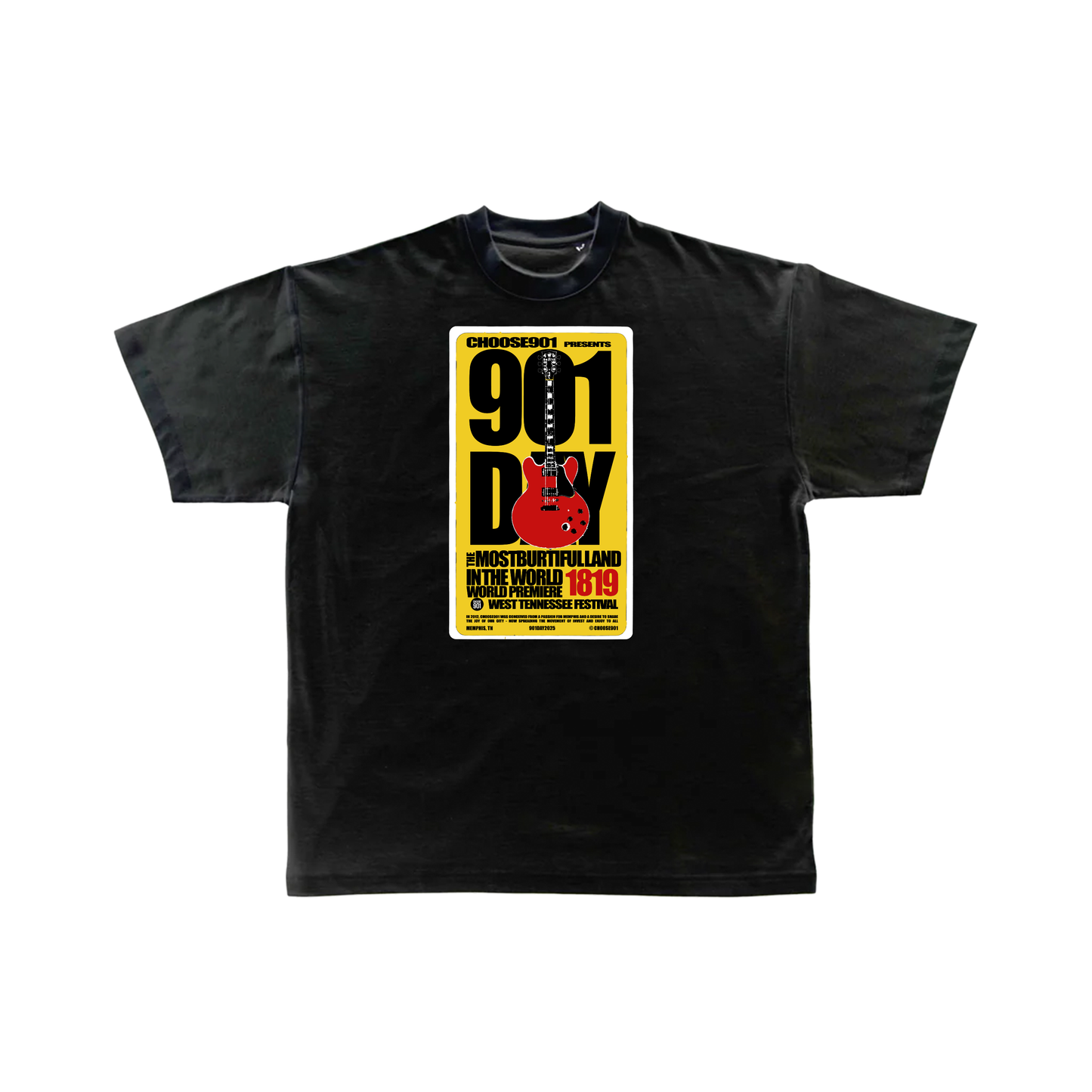 The 901 Day Tee from Choose901 Merch Shop is a black t-shirt with bold guitar graphics and the “90 Day Most Fruitful Land Live House 1819 West Wind Music Festival” text, made in soft ComfortWash by Hanes for Memphis fans.