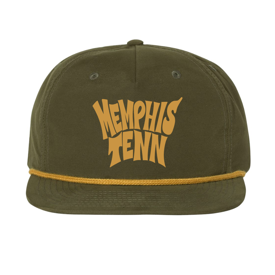 The Memphis Tenn 2.0 Hat from Choose901 Merch Shop features olive green fabric, "Memphis Tenn" in stylized yellow letters, a yellow cord above the brim, and a classic snapback closure.