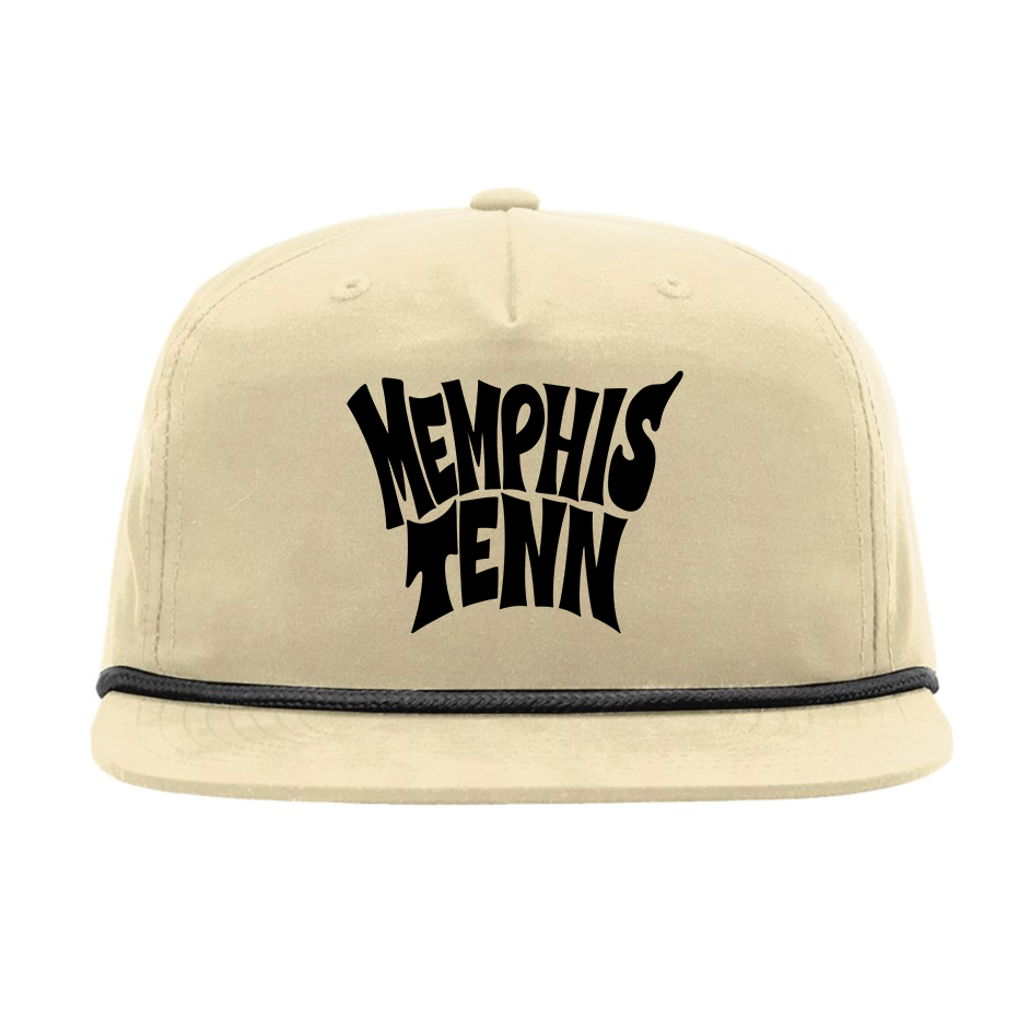 The Memphis Tenn 2.0 Hat from Choose901 Merch Shop is a beige snapback with black rope above the brim and bold black "Memphis Tenn" text on the front.