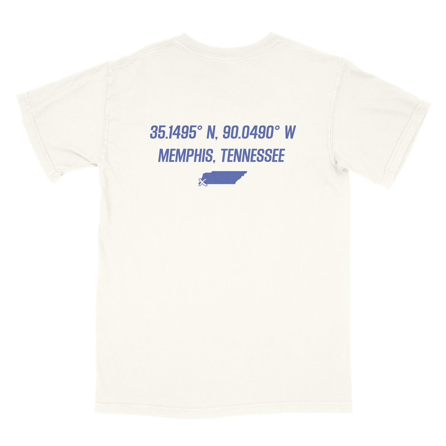 A Choose901 Coordinate Shirt (Blue) featuring the geographical coordinates of Memphis, Tennessee, along with a small graphic of the state's outline and the "Choose901" logo on the back.