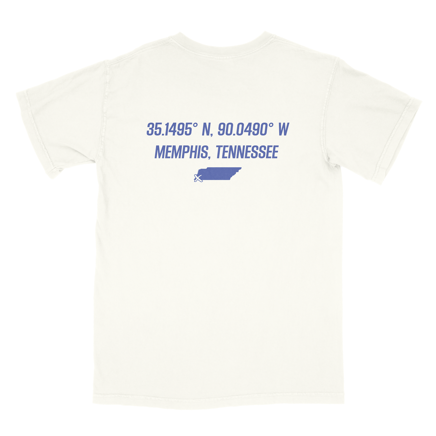 A Choose901 Coordinate Shirt (Blue) featuring the geographical coordinates of Memphis, Tennessee, along with a small graphic of the state's outline and the "Choose901" logo on the back.