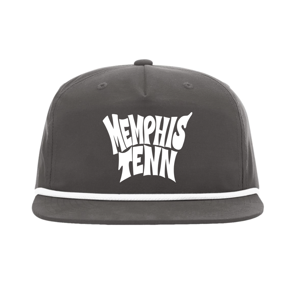The Memphis Tenn 2.0 Hat from Choose901 Merch Shop features a black design with white piping, bold "Memphis Tenn" embroidery on the front, and a classic snapback closure for adjustable comfort.