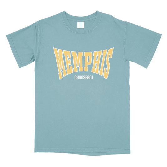 Replace sentence: Mint blue Memphis College Letter Shirt with the word "Memphis" printed above the phrase "Choose901" by Choose901.