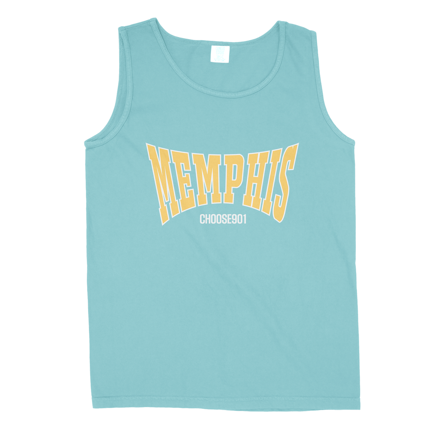 The Memphis College Letter Tank Top (Mint Blue) from Choose901 Merch Shop features "Memphis" in large yellow letters and "Choose 901" in smaller white letters below.