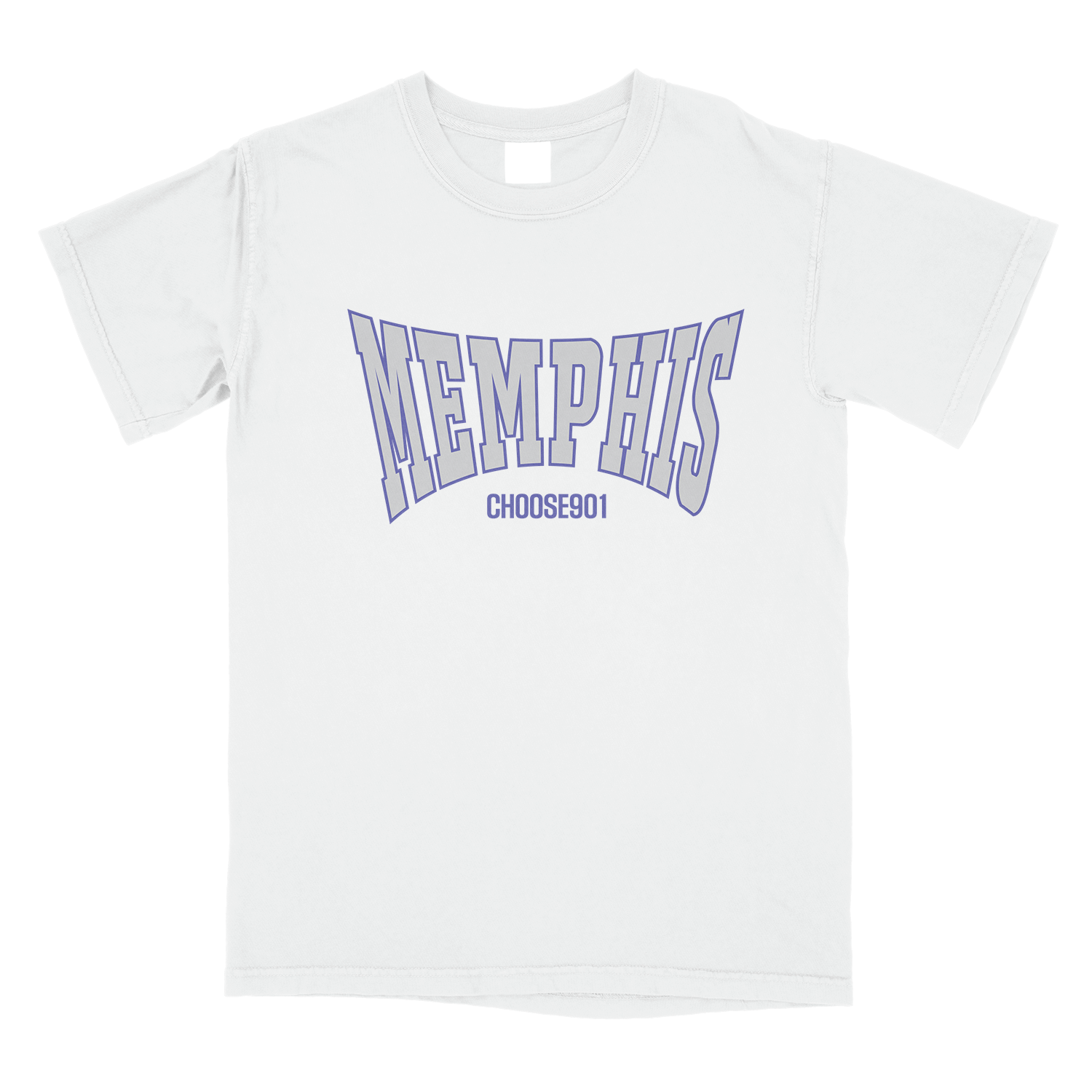 Cool Grey Memphis College Letter Shirt from Choose901 has the word "Memphis" in large blue letters above the phrase "Choose901".