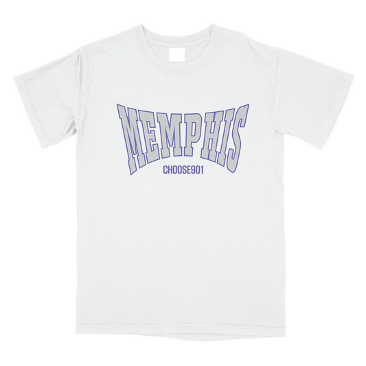 Cool Grey Memphis College Letter Shirt from Choose901 has the word "Memphis" in large blue letters above the phrase "Choose901".