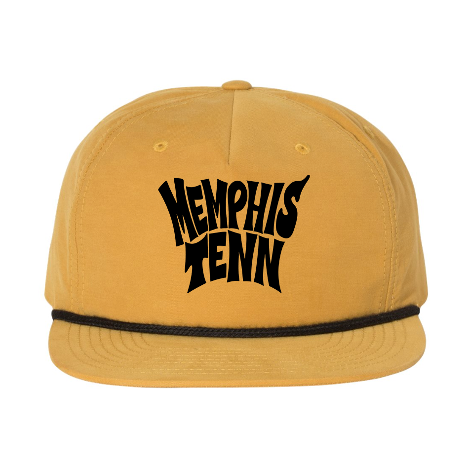 The Memphis Tenn 2.0 Hat from Choose901 Merch Shop is mustard yellow with a snapback closure, a black rope above the brim, and bold "Memphis Tenn" lettering on the front.