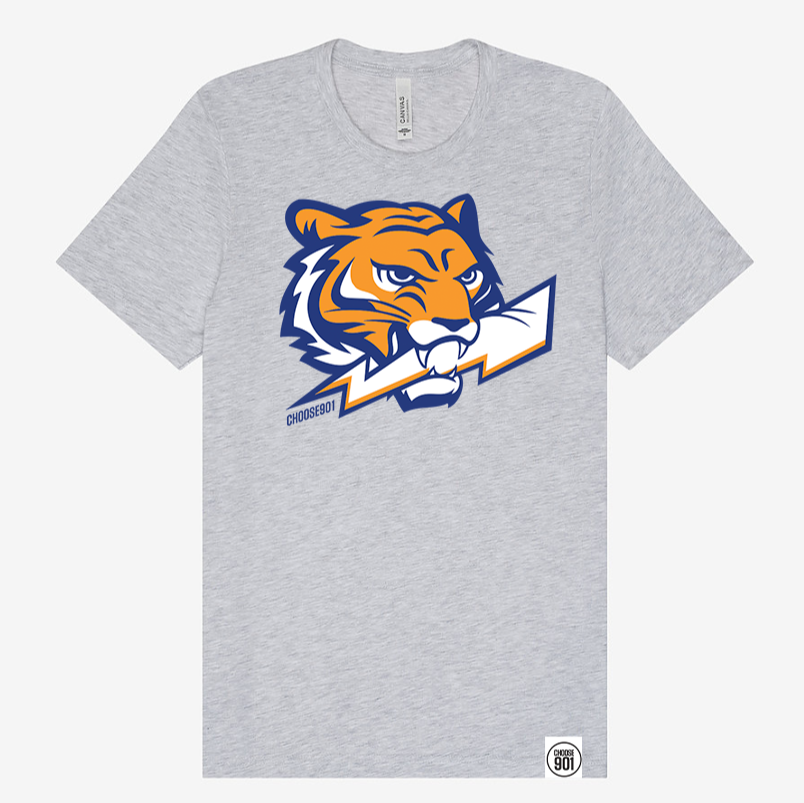 Introducing the "Lightning Tiger Short Sleeve Tee" from Choose901 Merch Shop—a stylish gray T-shirt showcasing a vibrant graphic of a tiger clutching a lightning bolt, with the bold text "CHOOSE901" beneath. Perfect for showing off your wild side with comfort and flair!