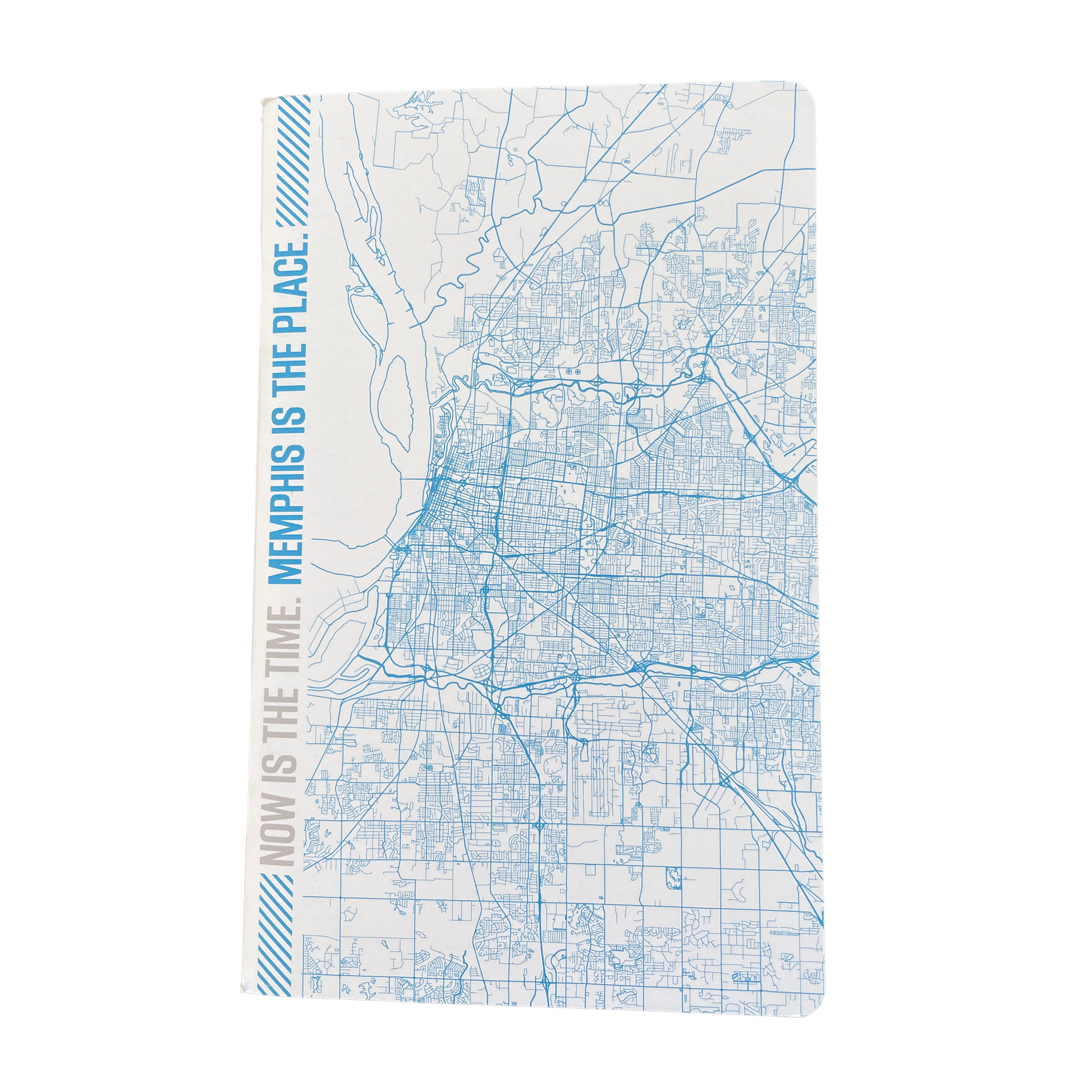 This large notebook from Choose901 Merch Shop showcases a blue map of Memphis with the phrase "Now is the time: Memphis is the place" elegantly displayed on the side.