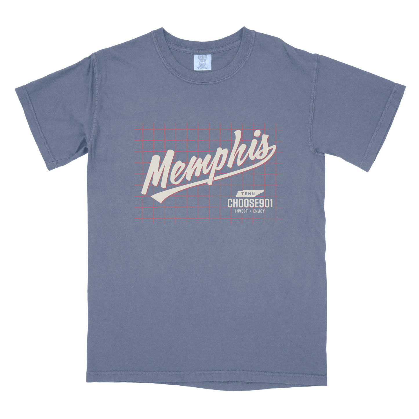 The "Choose901 Baseball Grid Tee" from the Choose901 Merch Shop features "Memphis" in cursive and "Choose901" text on a retro baseball design with a pink grid pattern in the background.