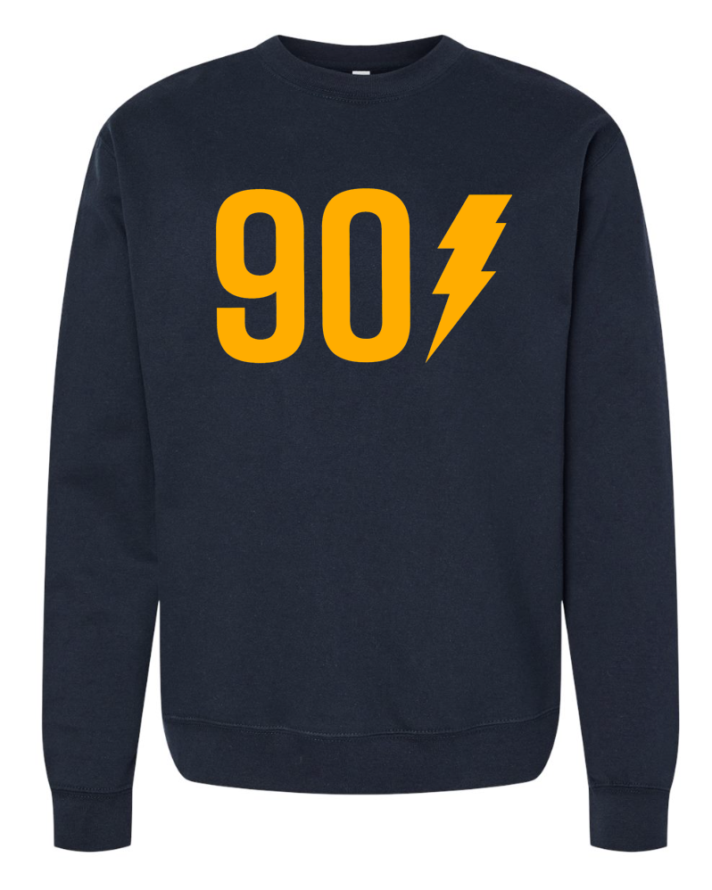 901 Bolt Crewneck by Choose901 Merch Shop featuring a black design with the "90" and a lightning bolt symbol printed in yellow on the front.