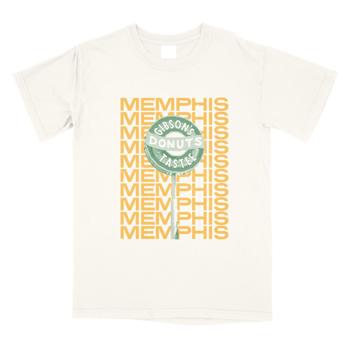 White t-shirt with Gibson's Donuts Halftone on Ivory graphic in yellow and green colors from Choose901 Merch Shop.