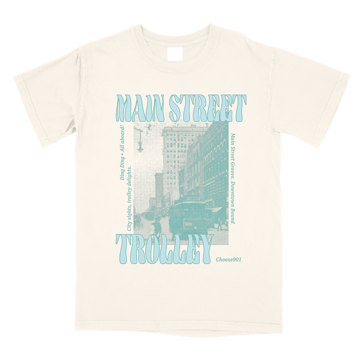 White Choose901 shirt featuring a Main St. Trolley Halftone on Ivory print with "main street trolley" text and an image of a trolley in front of a building, along with decorative elements and text.