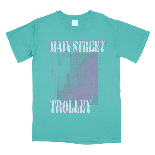Comfort Colors Seafoam-colored shirt with a Main St. Trolley Halftone graphic print by Choose901 featuring a cityscape outline.