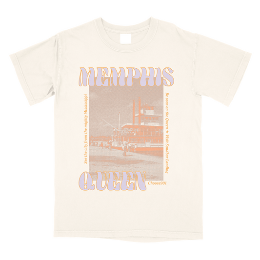 A beige Choose901 cotton shirt with a graphic of a vintage riverboat and "Memphis Queen Halftone on Ivory" text in retro style, promoting the city of Memphis.