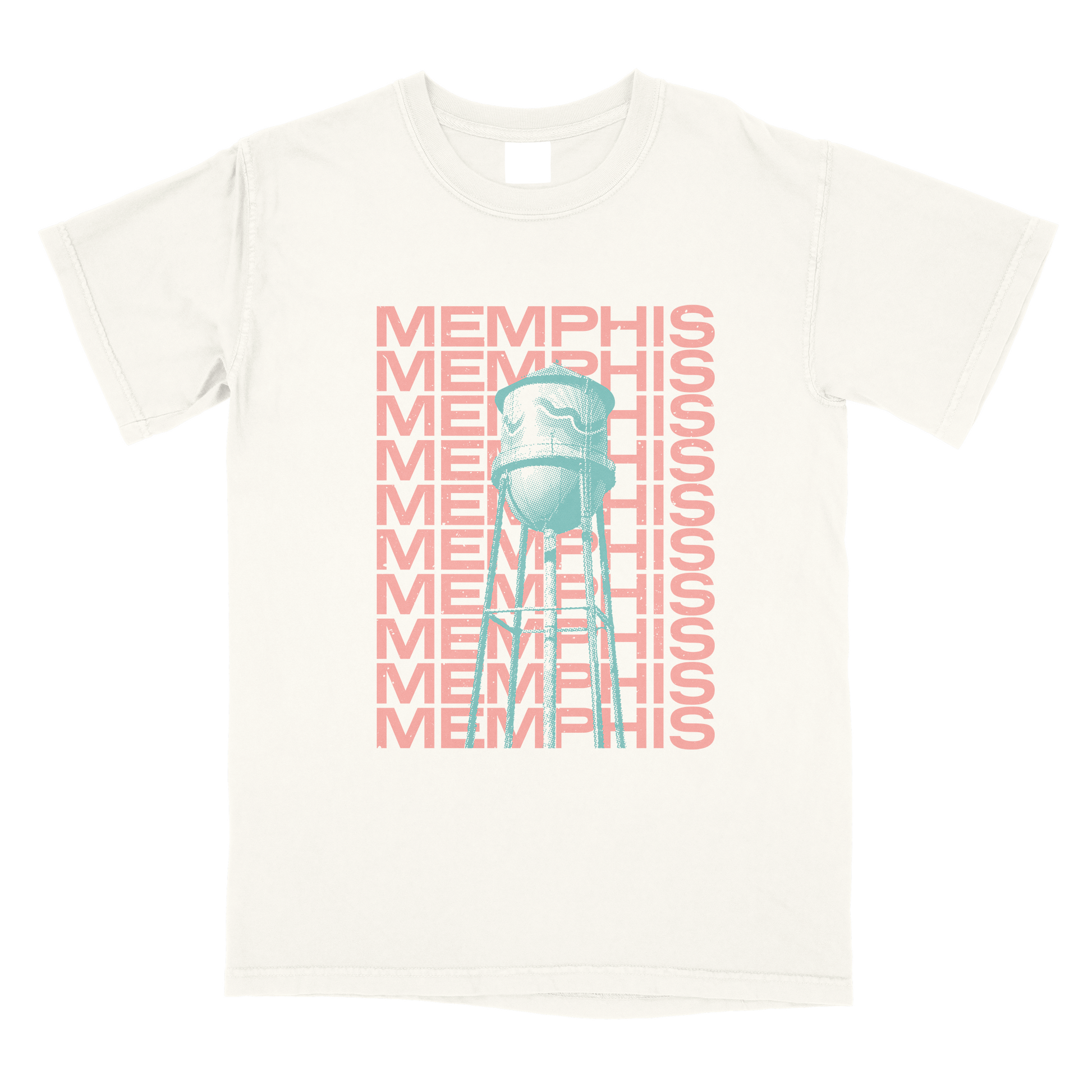 White t-shirt with a Broad Ave Water Tower Halftone on Ivory graphic design from the Choose901 Merch Shop, featuring the word "Choose901" repeated in pink and blue colors.