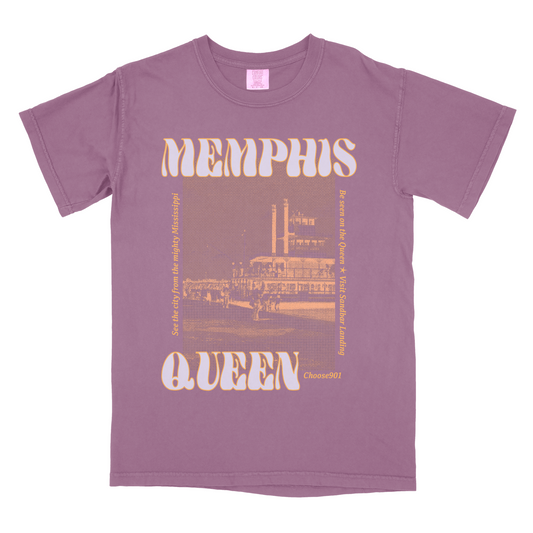 A purple Choose901 t-shirt featuring an orange Memphis Queen Halftone graphic and "Queen of Memphis" text in a large font.
