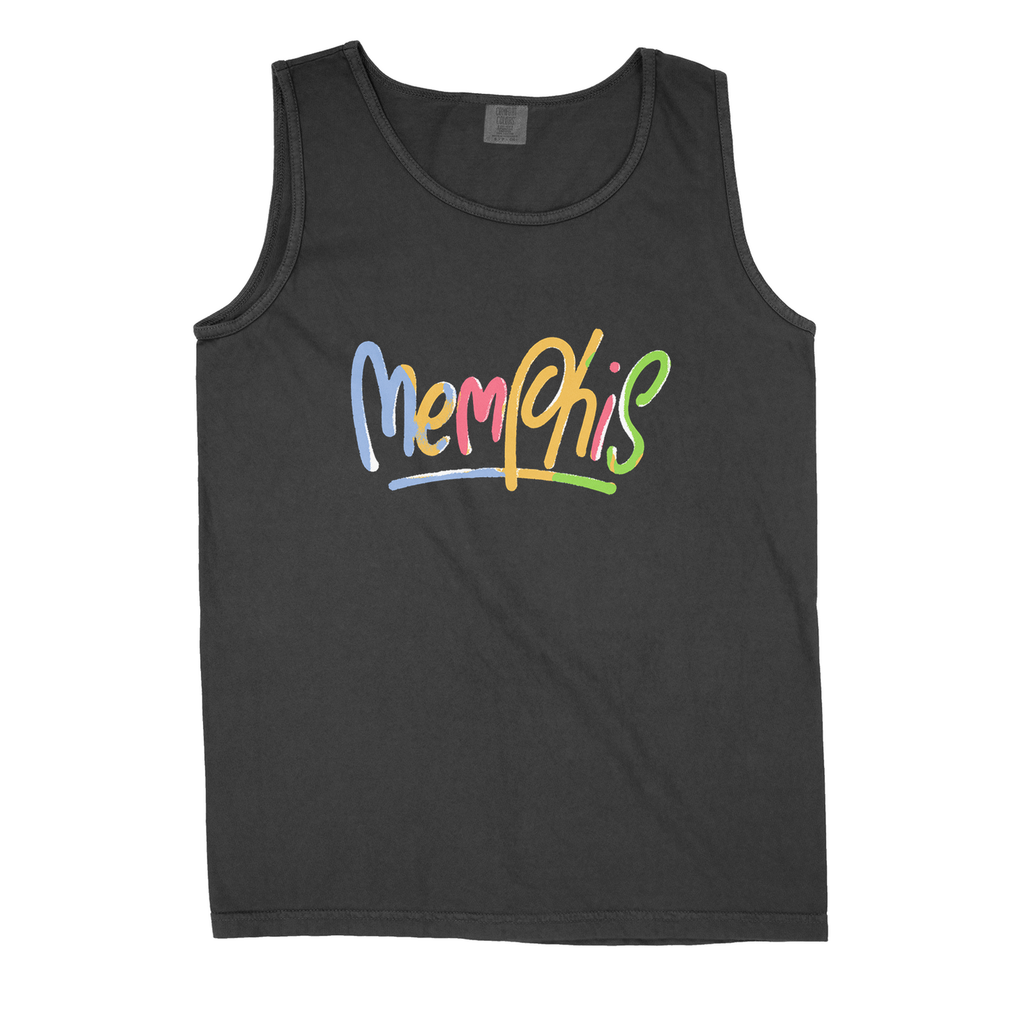 A black Handwritten Tank Top with the word "Memphis" printed in colorful, playful letters across the front, brought to you by Choose901 Merch Shop.