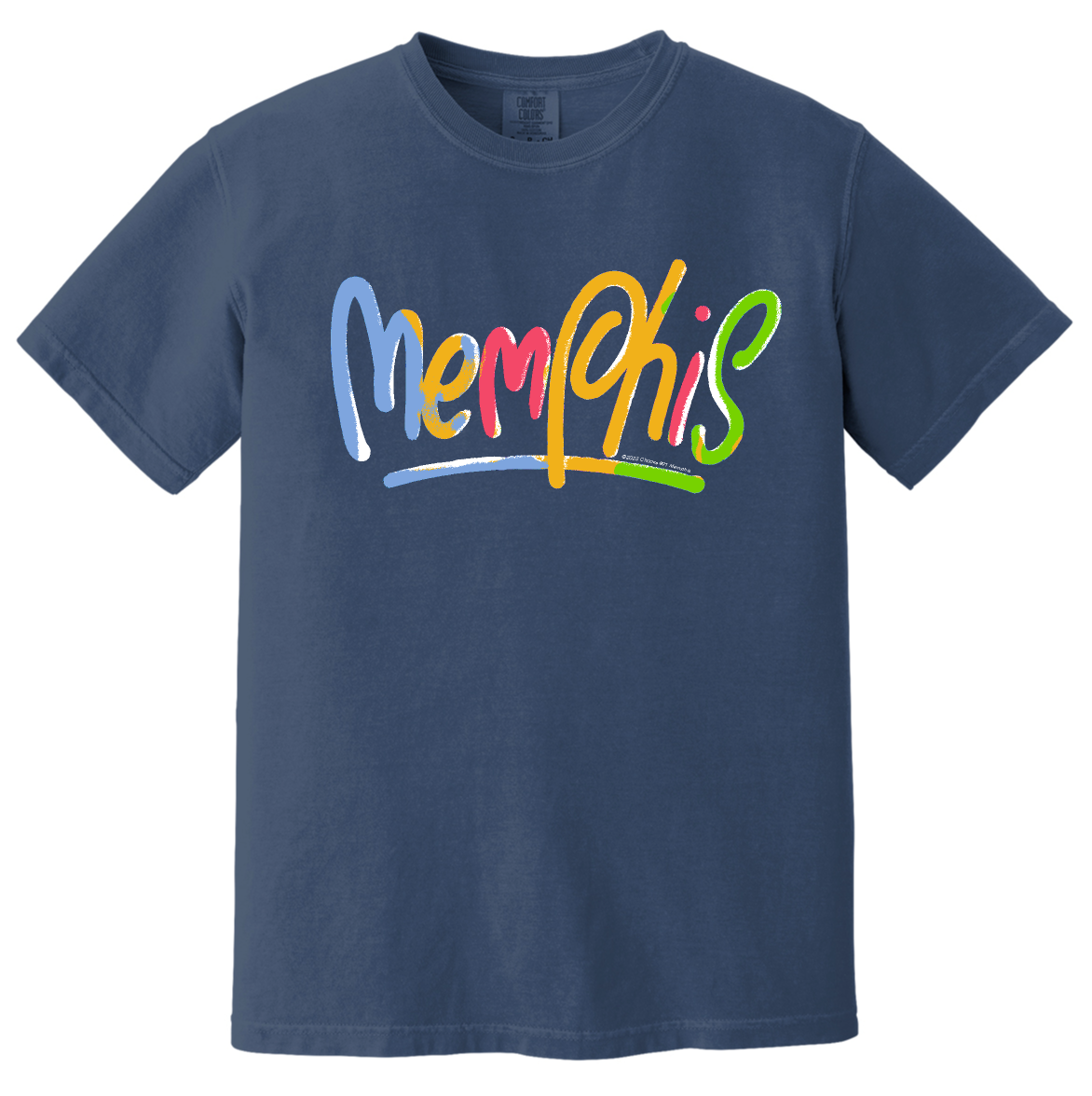 Navy Handwritten Shirt with colorful "Choose901" text graphic.