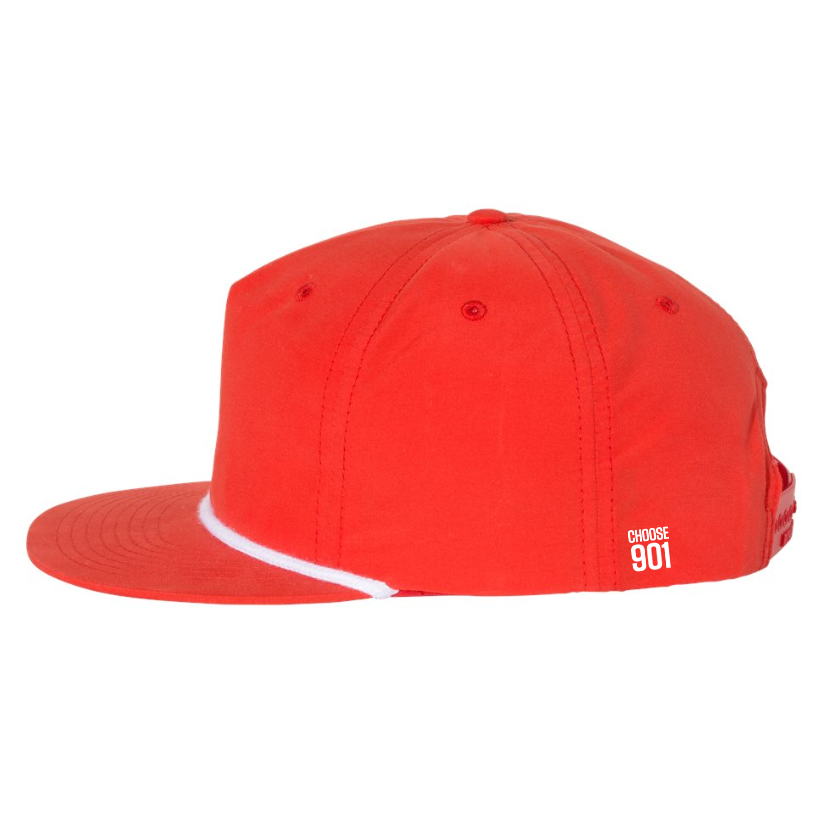 The Memphis Tenn 2.0 Hat from Choose901 Merch Shop is a red flat-brim hat with "CHOOSE 901" embroidered in white near the side and an adjustable snapback closure.