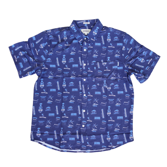 Dark Blue Signs Action Shirt with a Memphis pattern of bottles and glasses from the Choose901 Merch Shop.